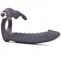 Cock Ring with Realistic Dildo Vibrating 7-Speed Rabbit Ears Silicone BLACK Cockring 